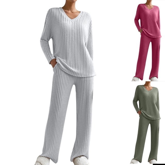 Yuyuzo Ensembles 2 Pcs pour Femmes Ensembles de Détente Côtelés Chemises à Manches Longues à Col en V Pantalons à Jambe Droite Vêtements de Mode d'Automne