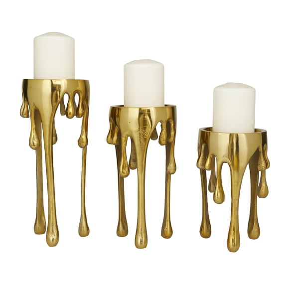 CosmoLiving by Cosmopolitan Aluminum Metal Abstract Decorative Candle Holder Melting Drip Candle Stand, Set of 3 Candlestick Holder 12", 10", 8"H, Go
