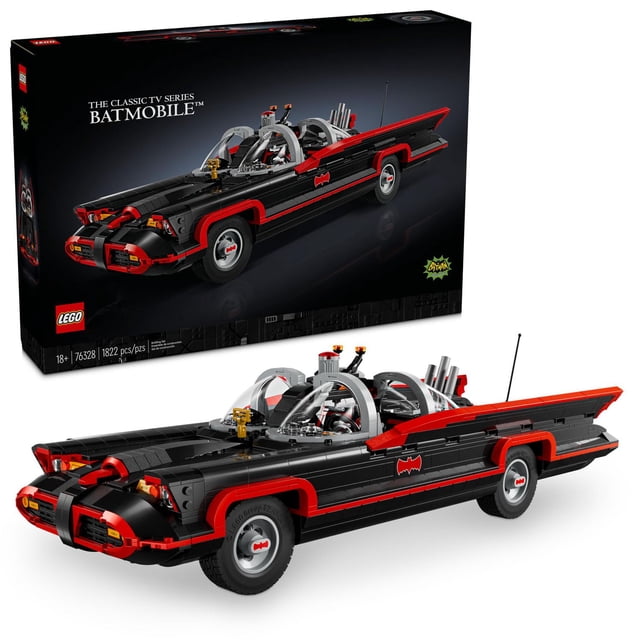 LEGO DC Batman: The Classic TV Series Batmobile Set featuring a black and red Batmobile model with rotatable wheels, molded windshield, and Bat emblem on the doors. Includes a 1966-style Batman minifigure on a platform and an opening trunk with the Bat-Computer. Measures over 5 in. high, 19 in. long, and 7 in. wide, ideal for adult Batman fans and collectors of 1960s pop culture.