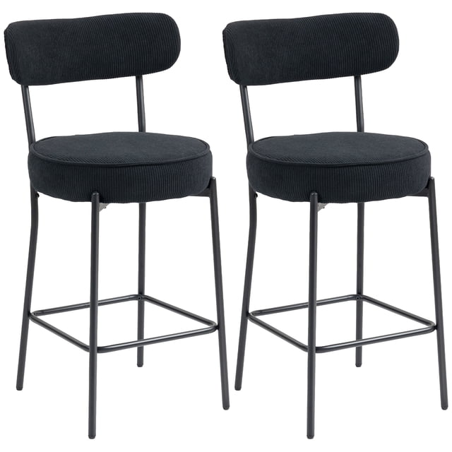 HOMCOM Modern Bar Stools Set of 2, 27-inch counter height barstools in black. These stools feature a softly rounded shape with a ribbed corduroy upholstery made of 70% polyester and 30% acrylic fiber. The padded seat and curved backrest provide comfort, while the built-in footrest and sturdy steel legs with adjustable foot pads ensure stability. Ideal for kitchen islands, breakfast bars, or dining spaces, each stool measures 19.3 inches wide, 20.5 inches deep, and 37.4 inches high, with a seat height of 26.8 inches. Maximum weight capacity is 265 lbs per chair.