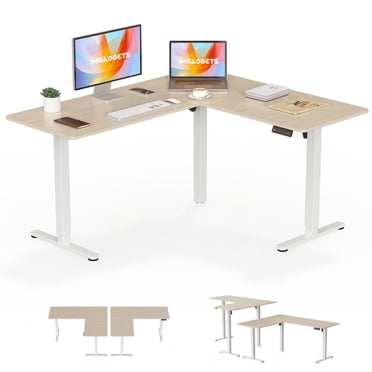 IMGadgets Bureau Debout Électrique en L (Noyer) / 63 Pouces x 55 Pouces Grand Espace de Travail / Configuration Flexible à Droite Ou à Gauche / Bureau Assis-Debout à Double Moteur / Bureau Ergonomique à Hauteur Réglable 28 Pouces-47 Pouces