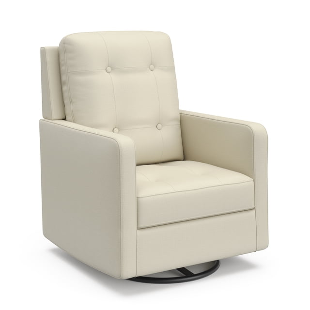 Storkcraft Beckett Swivel Glider in pearl fabric with button tufting on cushioned backrest and seat, compact upholstered nursery rocking chair with straight armrests and durable black steel 360-degree swivel base, shown in front 3/4 view on white background.