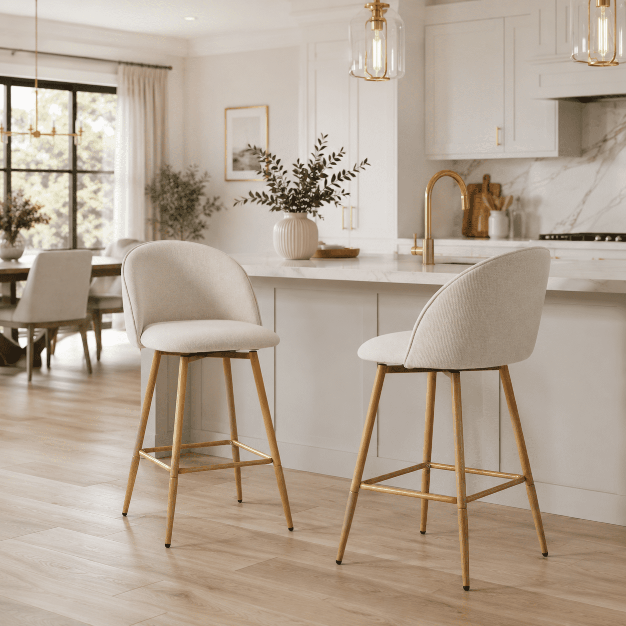 Homy Casa 2-Piece Swivel Counter Height Bar Stools, Upholstered Beige Barrel Back Kitchen Island Stools with Wood Legs