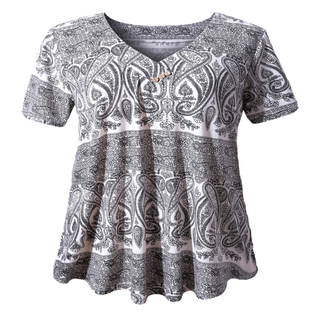 Woman Plus Size Short Sleeve Floral Blouses Henley T-Shirts V Neck Button Tunic Tops M-4xl