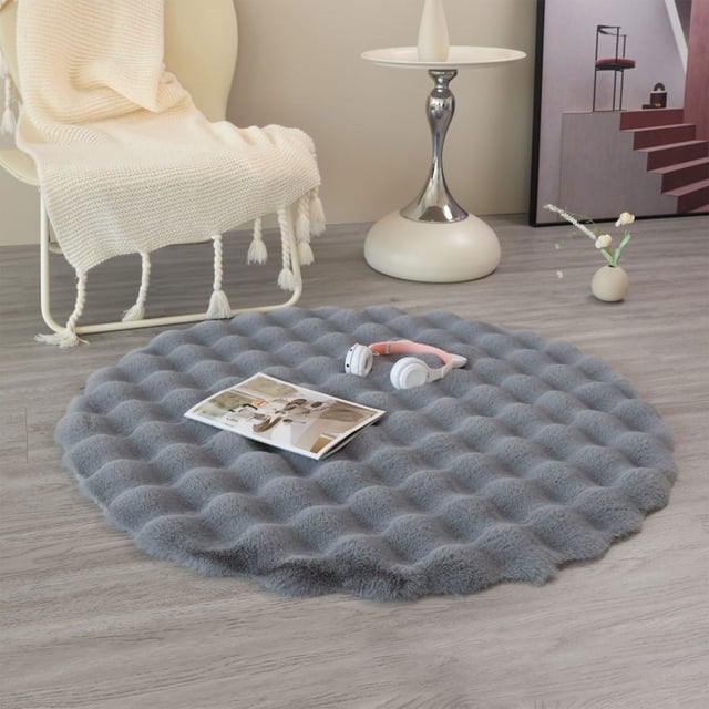COM1950s Fluffy Round Rug with Bubble Texture, Non-Slip Floor Mat for Living Room Sofa Area, Bedroom, Bathroom, Circular Carpet Velvet Feel, 19.7 Inch