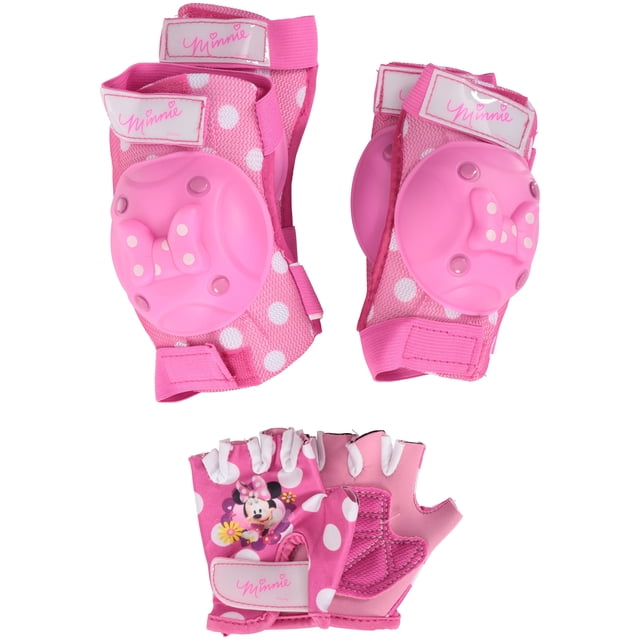 Bell Sports Minnie™ Protective Pad Set and Gloves 3+ with pink elbow and knee pads featuring white polka dots and molded plastic caps with Minnie Mouse bows, plus matching fingerless gloves printed with Minnie Mouse, designed to protect children's elbows, knees, and hands during biking, rollerblading, or scooting.