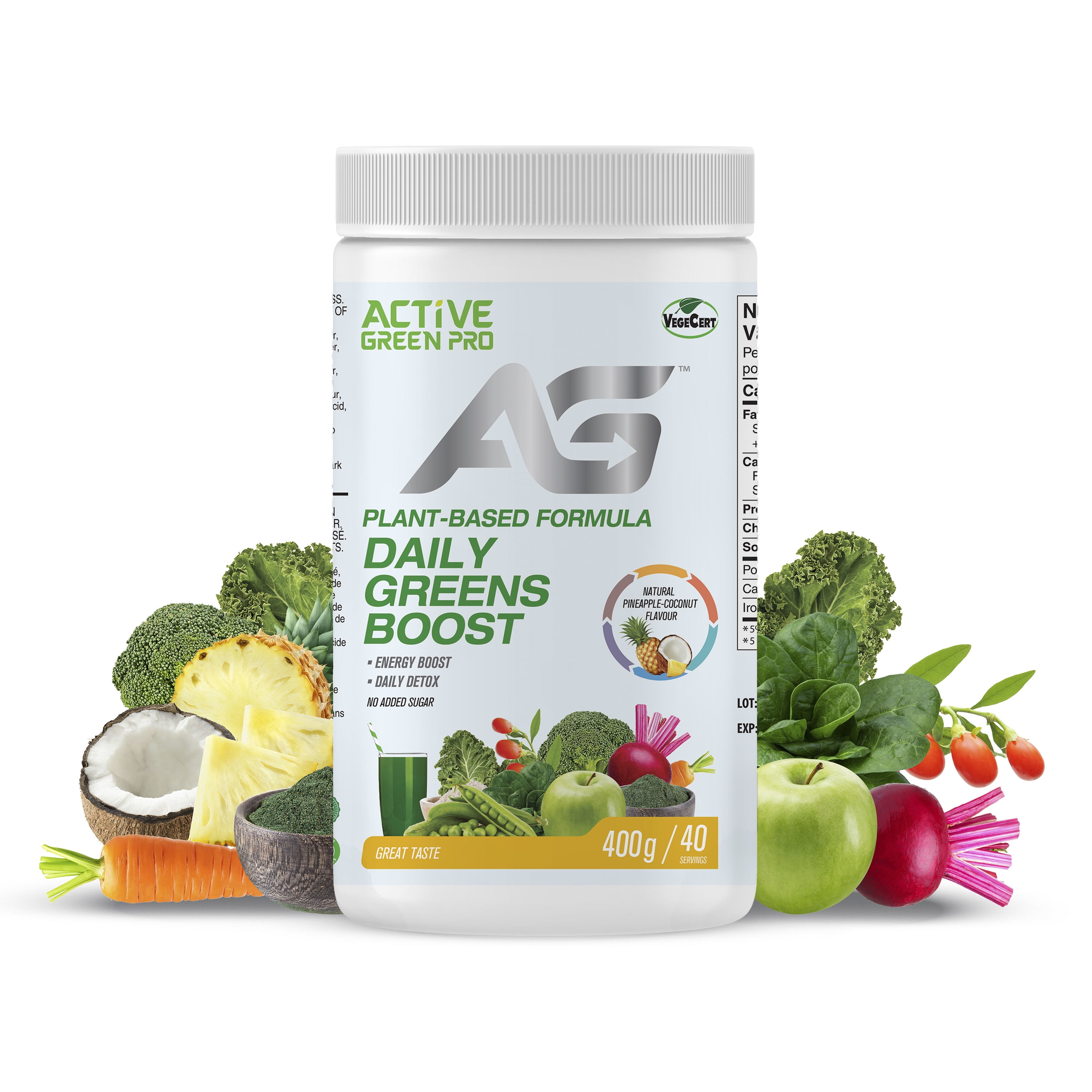 Active Green Pro® - Boost de Verts Quotidien - Ananas & Noix de Coco - Boost d'Énergie - Détox Quotidien - 400 g