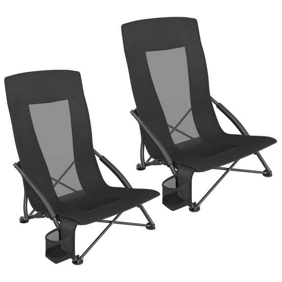 Ensemble de 2 Chaises de Camping, Chaises de Plage, Chaises d'Extérieur Portatives, avec Dossier Haut, Porte-Gobelet, Légères, Robustes, Charge Max. 330 lb par Chaise, Noir