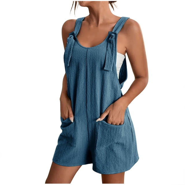 AherBiu Boho Jumpsuit for Women Short Beach Suspenders One-Piece Summer Outfits Solid Color Rompers with Pockets