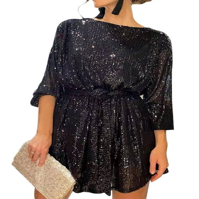 Robe de Soirée à Sequins pour Femmes, Manches Longues Scintillantes, Robe Cocktail Courte avec Ceinture