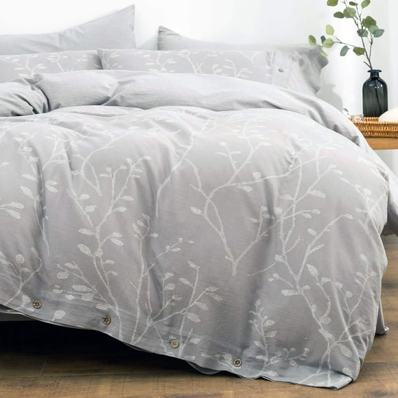 OREISE Duvet Cover Set King Size Washed Cotton Yarn, Jacquard Gray and White Thick Branch Pattern Floral Style 3Piece Bedding Set
