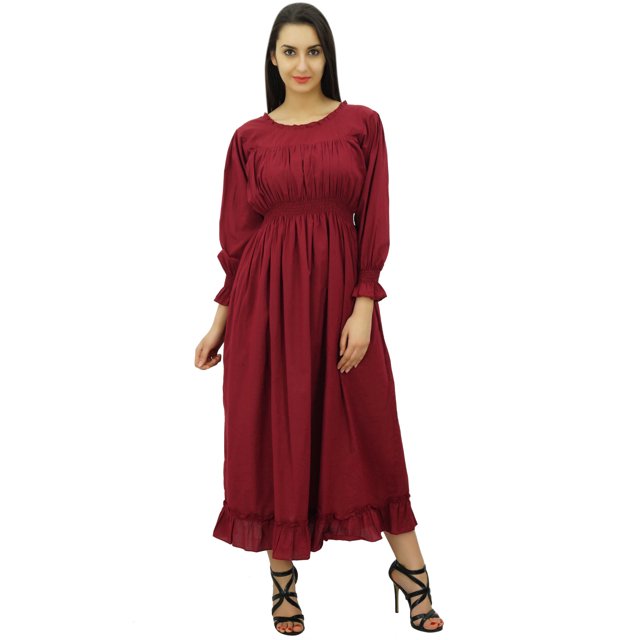 Bimba Robe Maxi Longue Décontractée en Coton pour Femme à Taille Smockée