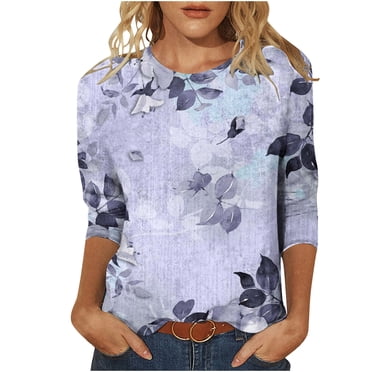 KIHOUT Womens Spring Shirts Ladies Fashion Printed Loose T-shirt 3/4 Sleeves Blouse Round Neck Casual Tops