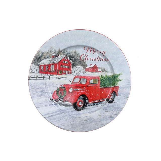 Plaque de Chargement en Métal Imprimée (Camion Rouge) (13 Pouces) - Ensemble de 12 Mettant en Vedette un Camion vintage Rouge Orienté vers l'Avant Portant un Sapin de Noël Vert dans une Scène Rurale Enneigée avec des Granges Rouges et un Texte « Joyeux Noël », Parfait pour les Repas des Fêtes et pour Protéger les tables contre la Chaleur.