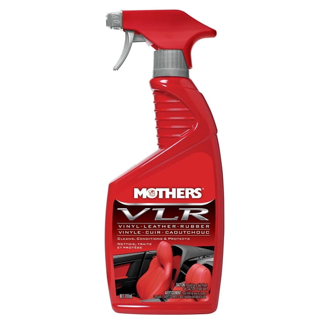 MOTHERS VLR vinyl leather rubber cleaner in a red spray bottle with gray trigger, formulated to clean, condition, and protect automotive vinyl, leather, and rubber surfaces, featuring a label with red car interior seats and dashboard.