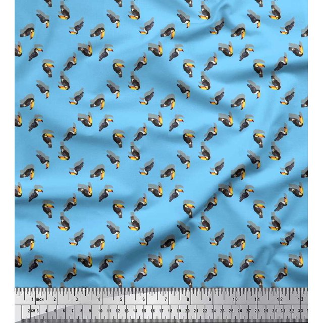 Soimoi Blue Poly Georgette Fabric Toucan Bird Printed Fabric 1 Yard 42 Inch Wide