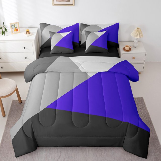YST Navy Blue Black Gray Comforter Set, Rustic Farmhouse Bedding, 7-Piece, King, Patchwork Geometric Triangle, Modern Abstract