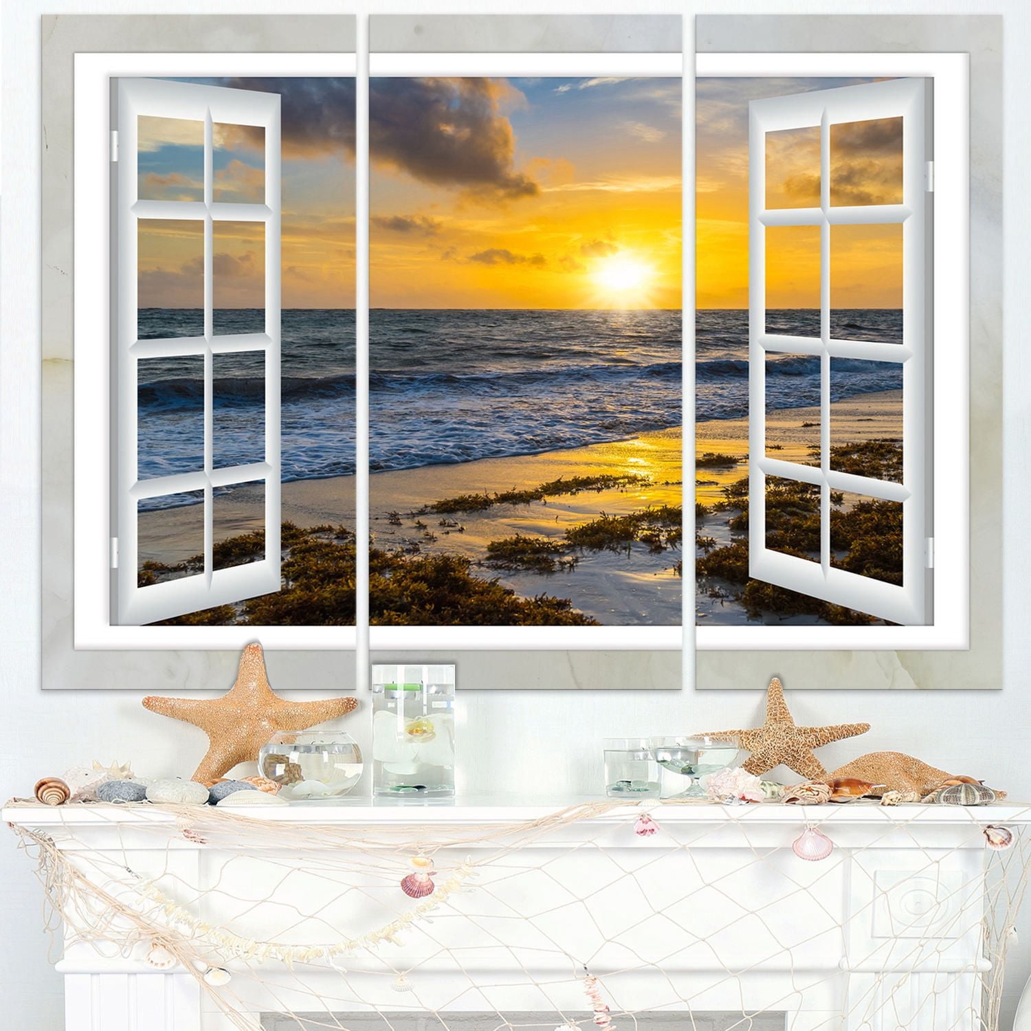 Tableau sur toile imprimée Design Art Paysage marin moderne Couchée de soleil jaune brillant à travers une fenêtre