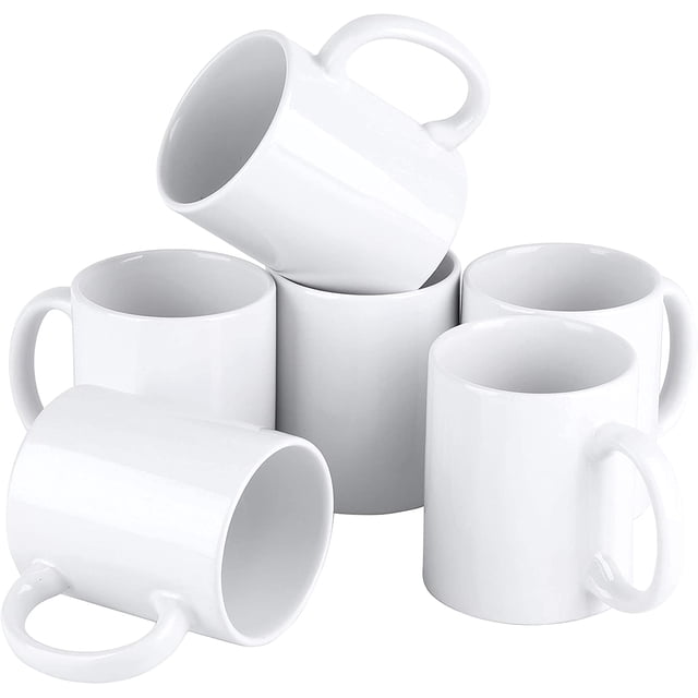 PreAsion 72 pcs 11 oz blank sublimation ceramic mugs set designed for heat transfer projects. These pearl white porcelain coffee mugs feature a sublimation coating, making them ideal for DIY personalized gifts, promotional items, or artwork displays. Each mug measures 96 mm in height, 82 mm in diameter, and holds 11 oz. The image shows a stack of plain white mugs with smooth surfaces and sturdy handles, suitable for coffee, tea, or hot chocolate.