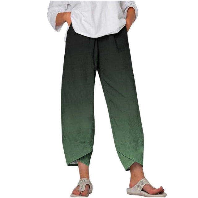 Meichang Capris à Jambes Larges Tulipe Dégradé pour Femme Grande Taille, Taille Très Extensible, Mode d'Été, Coton et Lin,