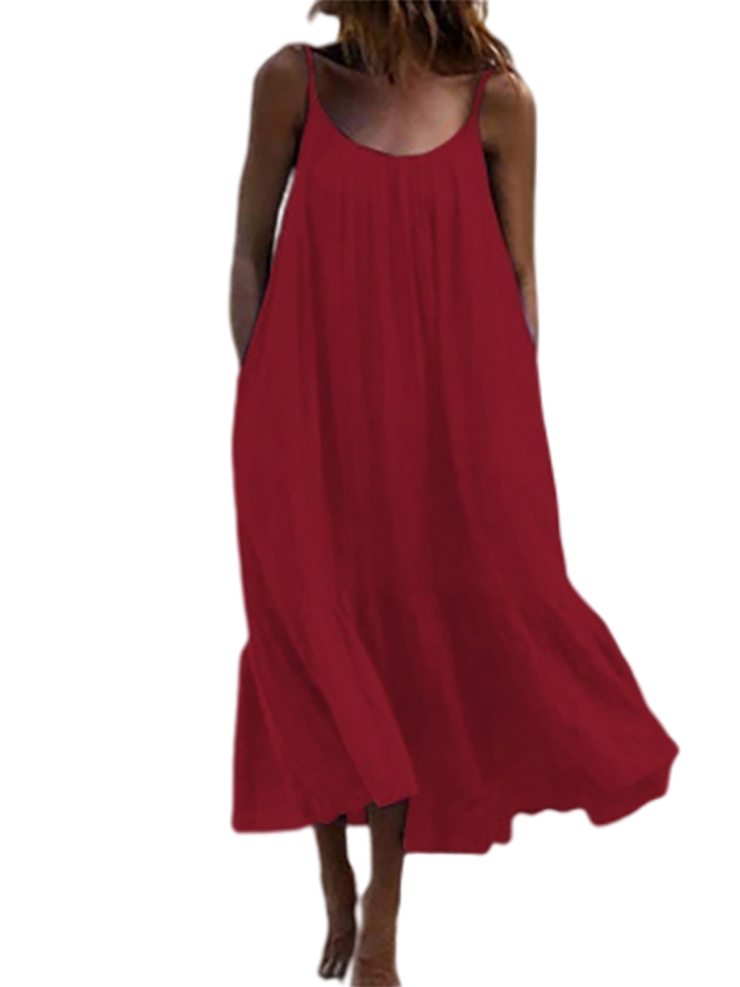 Bellella Robe de Nuit pour Femmes Couleur Unie Chemise de Nuit Sans Manches Ample Col Rond Vêtements de Détente Fête Rouge Vin TG