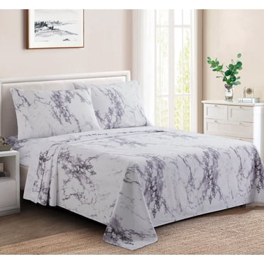 Marina Decoration Printed 600 Thread Count Soft Deep Pocket Hotel Standard Long Staple Cotton Blend Percale All Season Bedding Sheet Set, White Marble Pattern