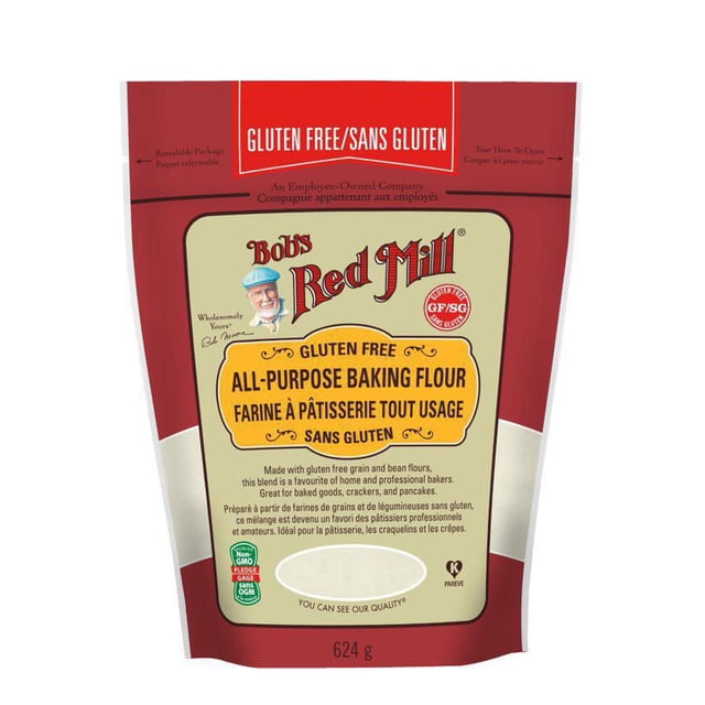 Bob’s Red Mill Gluten Free All Purpose Baking Flour 624g resealable bag in red and beige, gluten free blend without xanthan or guar gum, ideal for bread, baked goods, crackers, and pancakes, with non-GMO and kosher certification.