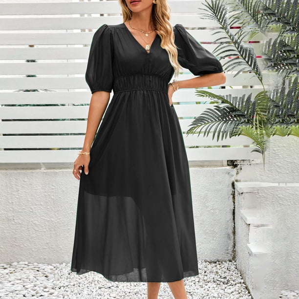 black dress chiffon puff sleeve dress