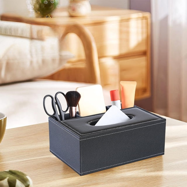 Leather Tissue Box Cover with Remote Control Holder | Multifunctional Organizer with Storage Compartment | Holds Tissues and Remotes | Decorative Desktop Caddy for Living Room, Bedroom, Office