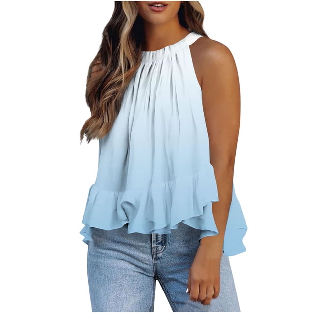 Weiqiqre Womens Tops Adjustable Tie Neckline Ruffle Hem Sleeveless Flowy Halter Tops