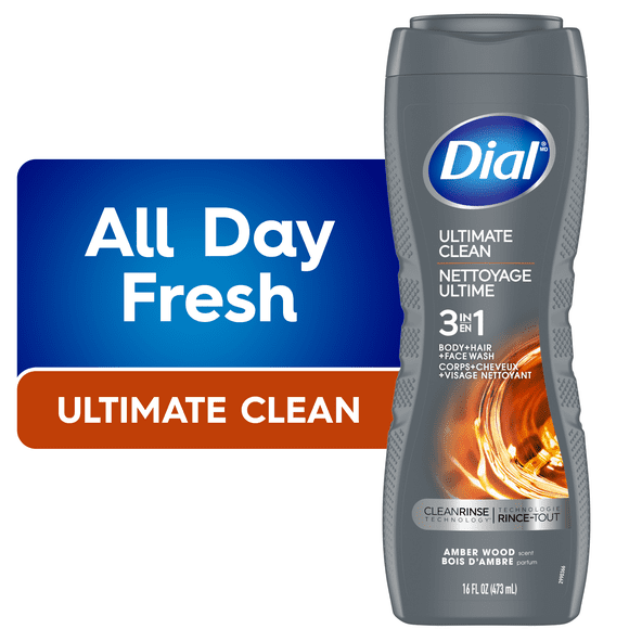 Dial Men 3in1, Body, Wash, Hair Wash, Face Wash, Amber Wood Scent, 473ml, Dermatologist Tested, Free from Silicones, Parabens, Phthalates