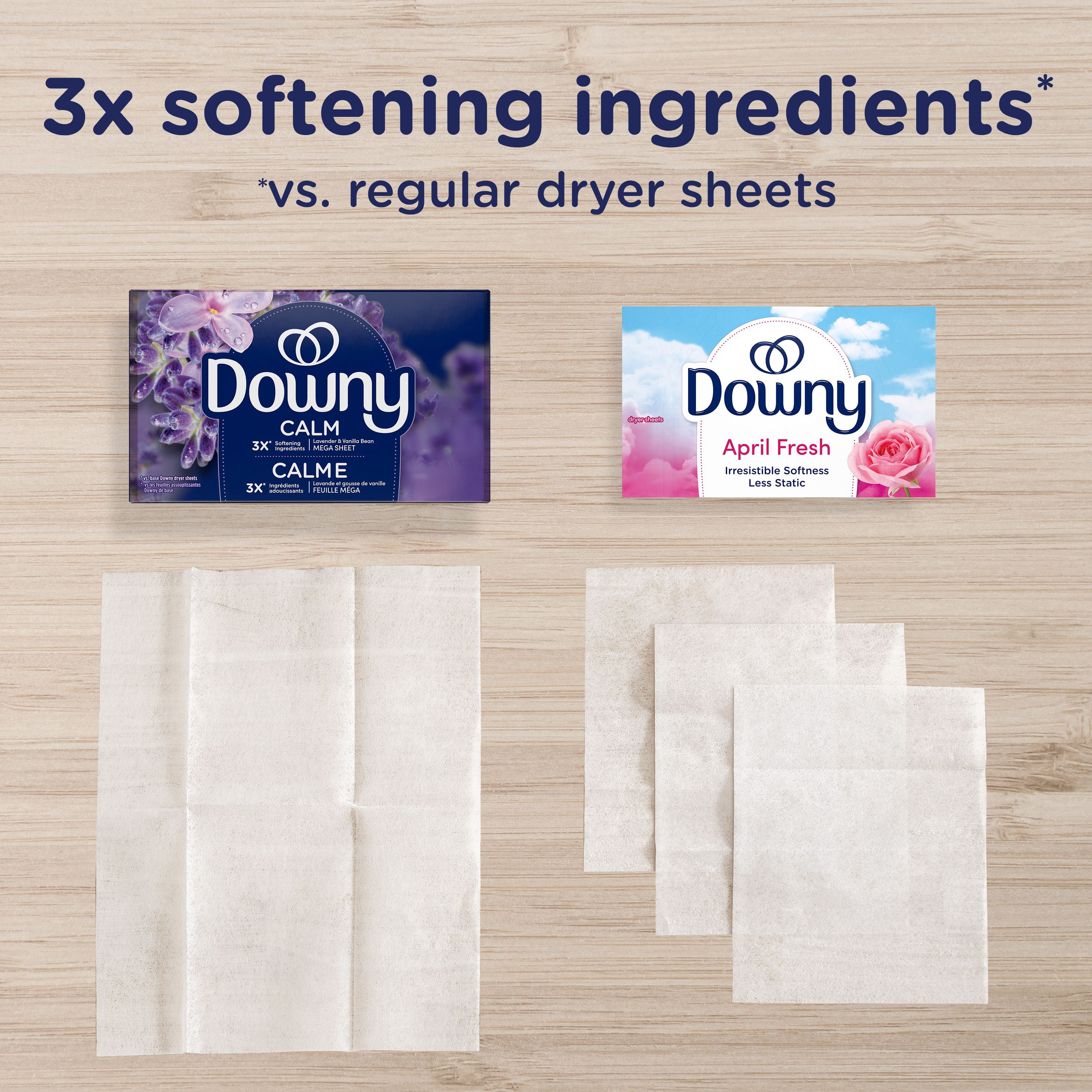 Downy Calme, Feuilles Assouplissantes Méga pour Sécheuse, Assouplissant pour la Lessive, Lavande et Gousse de Vanille 120CT