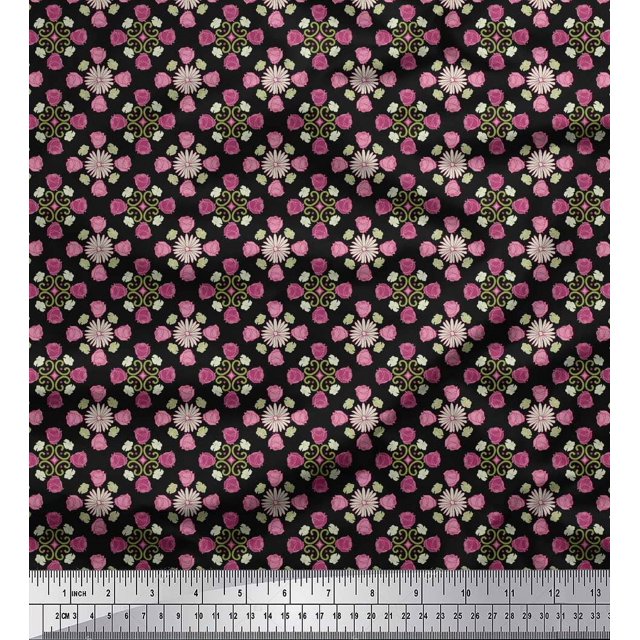 Soimoi Tissu Noir Moss Georgette Imprimé Damas Aster & Roses au Mètre 42 Pouces de Large