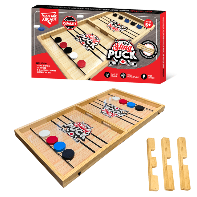 Tradeopia Fast Sling Puck Game 58 x 30 cm wooden tabletop game with 20 colored pucks and 3 swappable gates for adjustable difficulty, designed for fast-paced skill development and family fun, also suitable for portable play at parties.