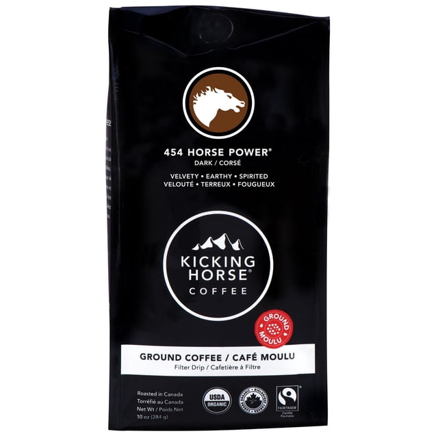 Kicking Horse Coffee 454 Horse Power dark roast ground coffee 284g bag featuring a white horse head logo on a brown circle, described as velvety, earthy, and spirited, suitable for filter drip brewing, USDA organic and Fairtrade certified, roasted in Canada.