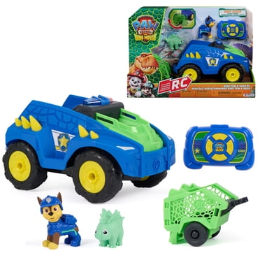 PAW Patrol: The Dino Movie, Véhicule radiocommandé Dino Tow & Dash, voiture radiocommandée facile à diriger avec figurines articulées Chase et stégosaure, jouets pour enfants d'âges préscolaire, à par