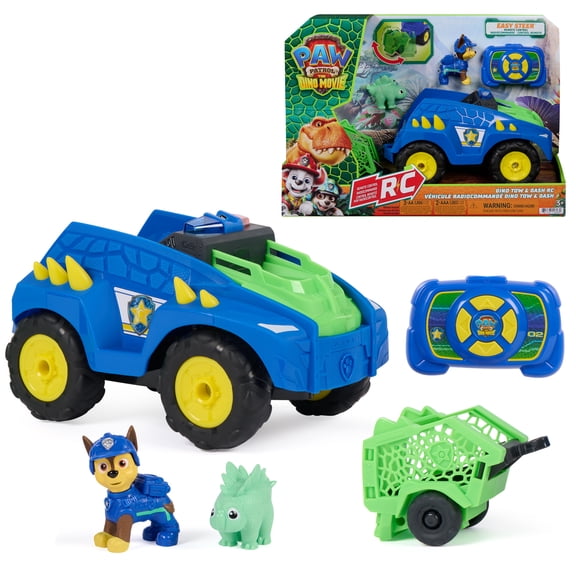 PAW Patrol: The Dino Movie, Dino Tow & Dash RC, Easy-to-Steer Remote Control Car with Chase and Stegosaurus Dinosuar Action Figures, Preschool Toys for Kids Ages 3+