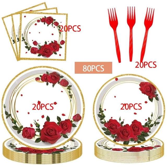 Assiette en Papier Assiettes en Papier de la Saint-Valentin Serviettes et Gobelets Ensemble de 4 Pcs Vaisselle de Fête Jetable pour Célébrations(Rouge) Rkxzt