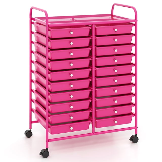 Gymax Chariot de Rangement Roulant pour Arts et Artisanat sur Roulettes avec 20 Tiroirs Rose Vif, Doté d'Un Cadre en Métal Robuste et d'Une construction en Plastique. le Chariot Utilitaire Comprend des Poignées sur Chaque Tiroir pour un Accès Facile, une Plateforme Supérieure pour un Rangement Supplémentaire, et Quatre Roulettes, Deux avec Verrous, pour la Mobilité et la Stabilité. Parfait pour Organiser les Fournitures d'Art, les Outils, les Matériaux d'Artisanat Ou les Accessoires de Bureau.