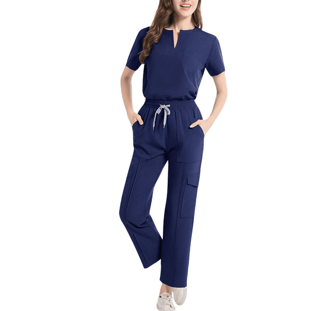 ZVNAΖH Women's Scrub Set featuring a notched V-neck scrub top and straight-leg pants in a navy blue colour. The top includes a chest pocket, while the pants have multiple deep pockets and an adjustable drawstring waistband. Made from a breathable, 4-way stretch fabric, this medical uniform set is designed for comfort and durability, ideal for healthcare professionals such as nurses, dental assistants, and veterinary technicians.