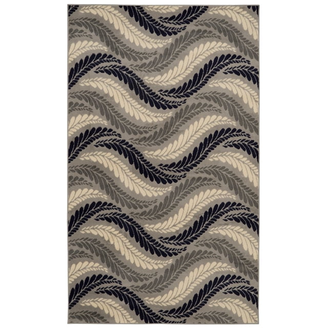 Capri Bridger Grey & Blue 4' 3" x 7' 3" area rug featuring a modern wavy leaf pattern in grey, blue, and cream tones on a grey background, machine woven with flat cut polypropylene pile for durability and easy care, ideal for small rooms or defining spaces and often used as a stylish accent in home offices or reading areas.