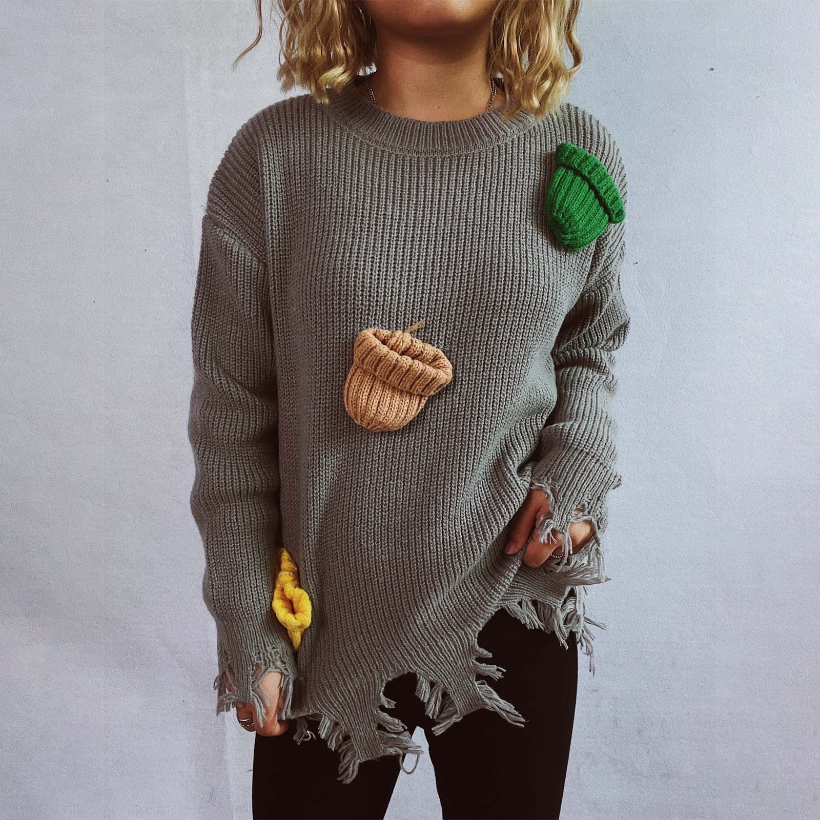 TIMIFIS Chandails à Enfiler pour Femmes Automne Décontractés Amples à Manches Longues Col Rond Hauts en Tricot avec Mignonne Décoration de Chapeau