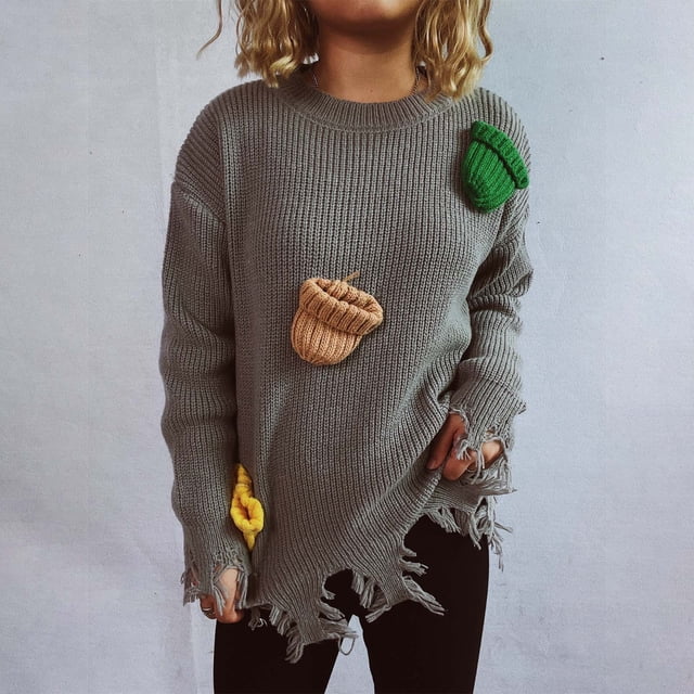 TIMIFIS Chandails à Enfiler pour Femmes Automne Décontractés Amples à Manches Longues Col Rond Hauts en Tricot avec Mignonne Décoration de Chapeau