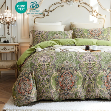 JOLUSERE Ensemble de Housse de Couette Format Grand, 3 Pcs Boho Vintage Floral Réversible Douce en Microfibre, Vert Olive