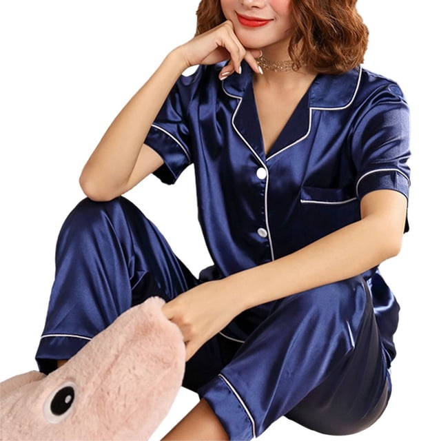 Ensembles de Pyjamas en Soie Satinée pour Femmes Ensembles de Vêtements Ménagers Simples Pantalons Amples