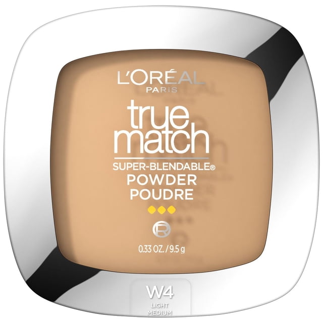 L'Oréal Paris True Match Powder 9.5 g in W4 Light Medium shade, a square compact with a reflective silver frame and beige powder, triple milled for smooth texture and designed to complement foundation and concealer, suitable for setting makeup with sheer to medium coverage.
