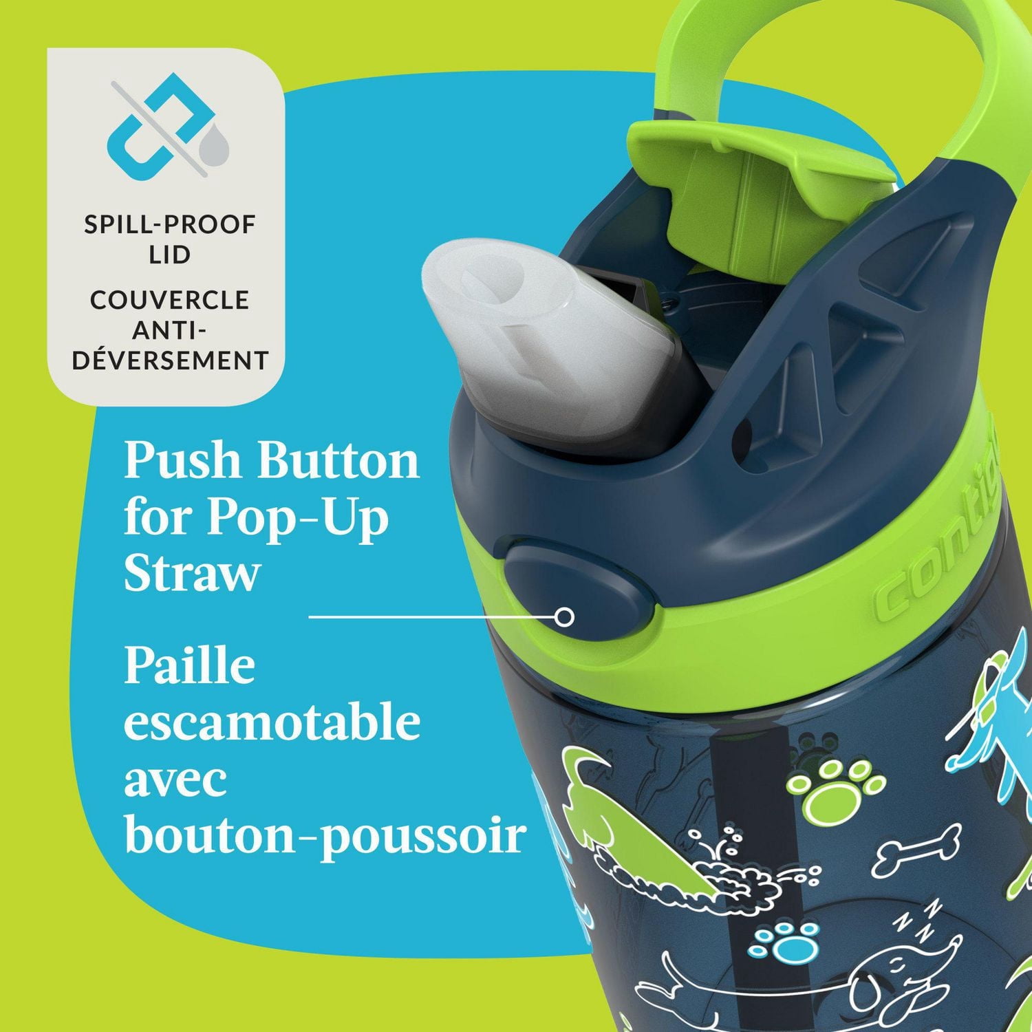 Contigo Kids Aubrey Water Bottle with Autospout Lid, Blueberry Cool Lime with Dogs, BPA-Free