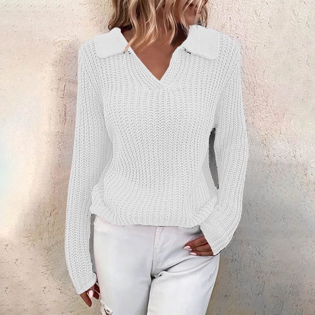 Qertyioot Chandails à Col en V pour Femmes Mode Automne Hiver Pull à Manches Longues Décontracté