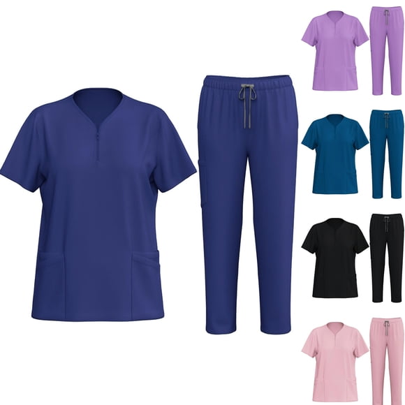 Penkiiy Women and Man Scrubs Set Medical Scrubs Top and Pants M Navy