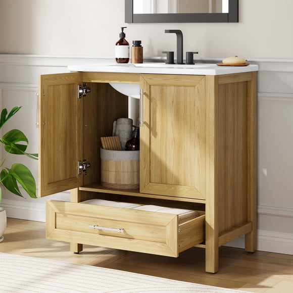 BeesClover Bathroom Vanity with Ceramic Basin, Bathroom Storage Cabinet with Drawer and 2 Soft Closing Doors, Single Sink Bathroom Vanity with Integral Top
